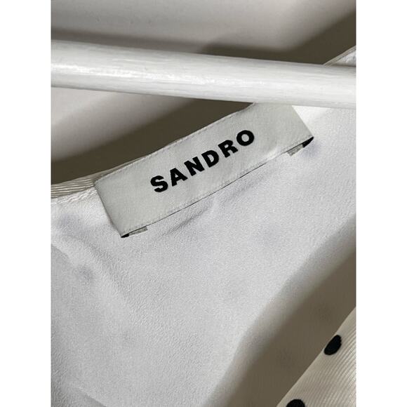 Sandro Puffed Sleeve Ruffled Polka Dot Twill Mini Dress White/Black 34 US XS - Picture 6 of 13